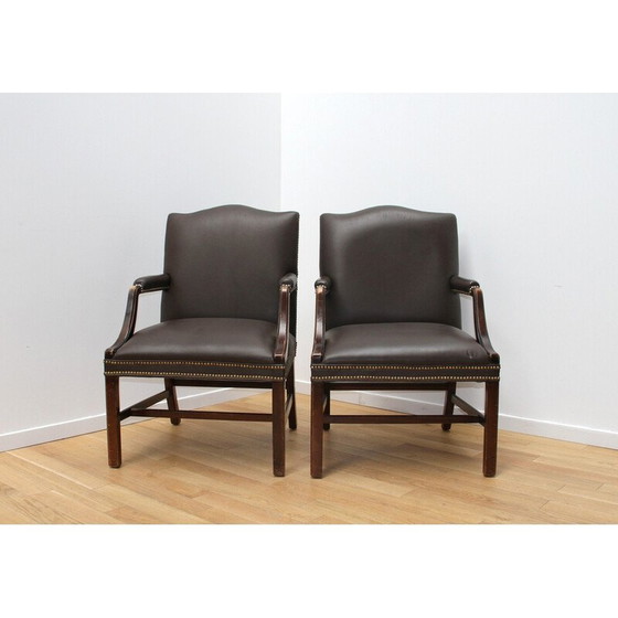 Image 1 of Paar vintage fauteuils in donker hout en donkerbruin leer