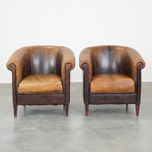 2 X Vintage Schapenleren Clubfauteuil