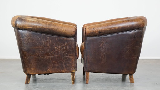 2 X Vintage Schapenleren Clubfauteuil