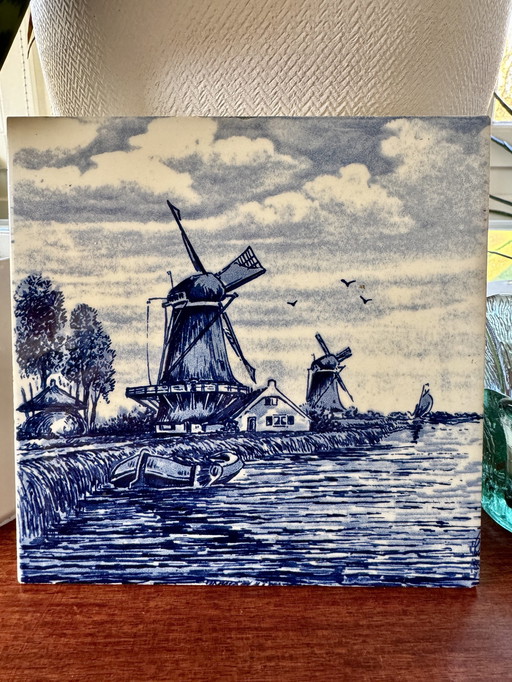 Vintage Delfts Blauw Tegeltje Handgeschilderd Hollands Landschap