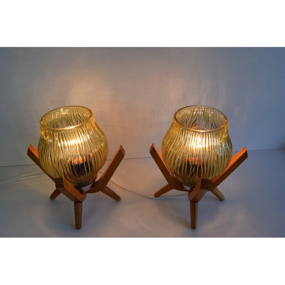 Image 1 of Paar vintage glazen en houten tafellampen van Dřevo Humpolec, 1970