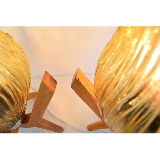 Image 1 of Paar vintage glazen en houten tafellampen van Dřevo Humpolec, 1970