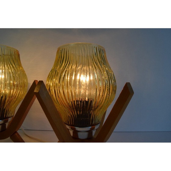 Image 1 of Paar vintage glazen en houten tafellampen van Dřevo Humpolec, 1970