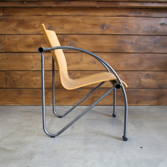 Image 1 of Modernistische Verchroomd Staal en Hout Fauteuils Vintage jaren 80