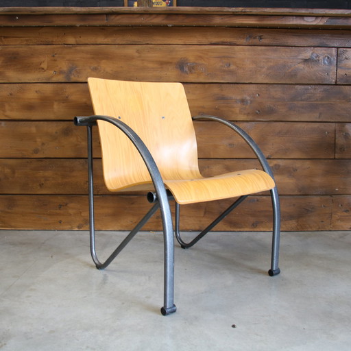 Modernistische Verchroomd Staal en Hout Fauteuils Vintage jaren 80