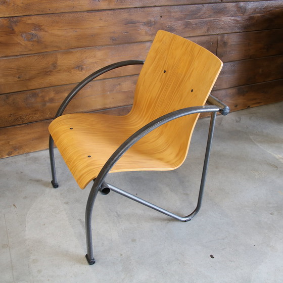 Image 1 of Modernistische Verchroomd Staal en Hout Fauteuils Vintage jaren 80