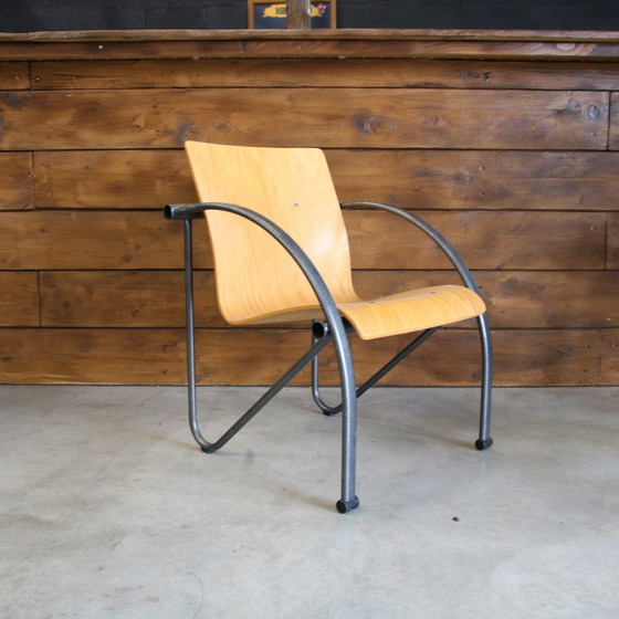 Image 1 of Modernistische Verchroomd Staal en Hout Fauteuils Vintage jaren 80