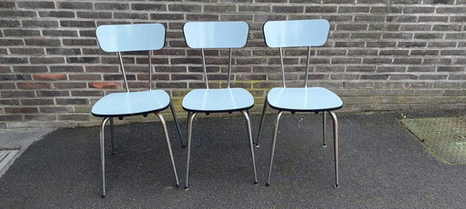 Set Van Drie Babyblauwe Vintage Brabantia Keukenstoelen