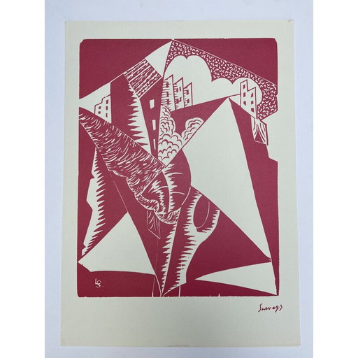 Vintage roze dorpslitho door Leopold Survage, 1950