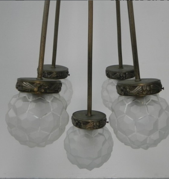 Image 1 of Art Deco hanglamp met 5 bollen op 5 staven