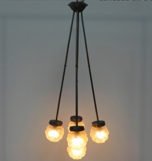 Art Deco hanglamp met 5 bollen op 5 staven