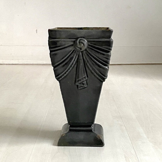 Image 1 of Kleine grijs geëmailleerde gietijzeren art-deco vaas