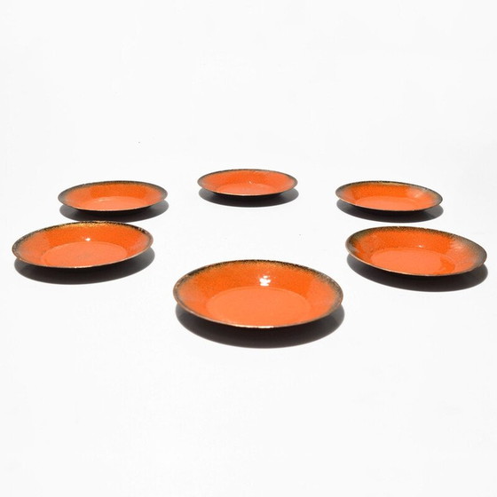 Image 1 of Set van 6 vintage geëmailleerde koperen borden, Duitsland 1960