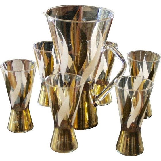 Image 1 of Vintage goud gedecoreerd glazen sinaasappelsap set, 1970
