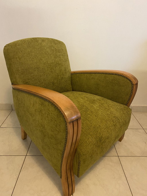 Antieke 30's Art Deco Fauteuil Volledig Gerenoveerd, Solide Structuur Behandeld Tegen Insecten