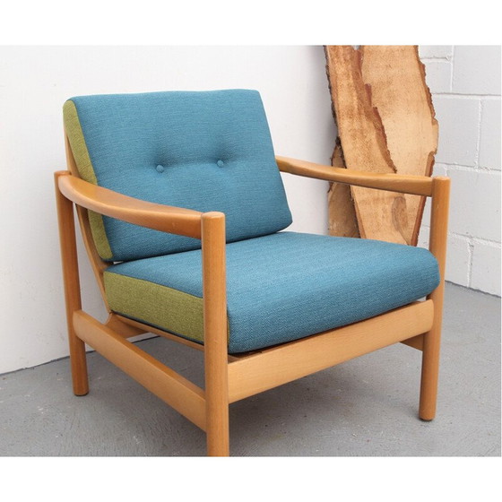 Image 1 of Vintage fauteuil in massief hout en blauwe en groene stof, 1960