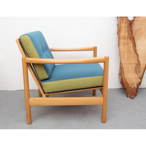 Vintage fauteuil in massief hout en blauwe en groene stof, 1960