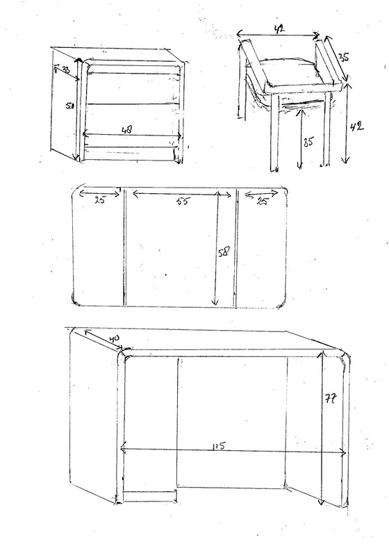 Image 1 of Vintage Kaptafel spiegel, tabourette en 2 nachtkastjes