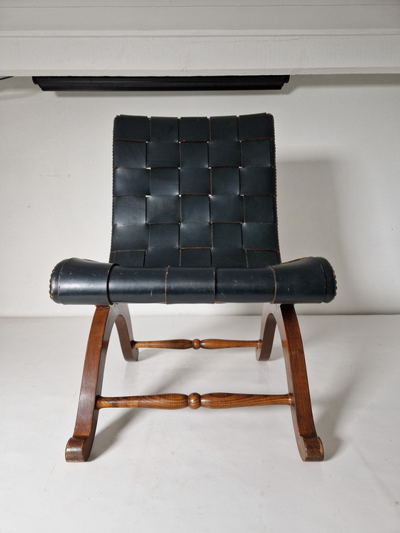 Image 1 of Vintage leren fauteuil Brutalist van Pierre Lottier voor Valentine, spanje 1950