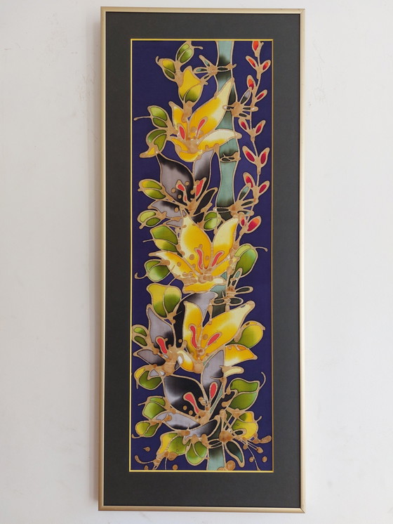 Image 1 of Batik kunstenaar abstract schilderij op zijde met bloemen