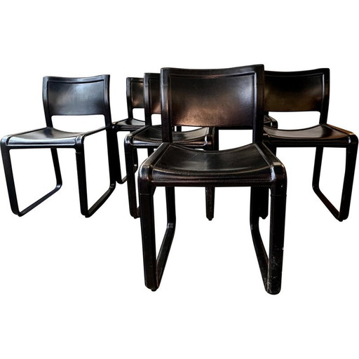 Set van 6 vintage chocoladebruine leren sledestoelen van Mattéo Grassi, 1980