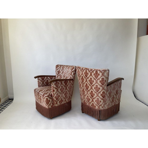 Image 1 of Paar vintage roze gevlokte fauteuils in teak, Denemarken 1960