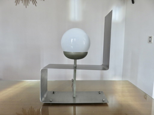 Grote "Uginox" gevouwen staal en witte opaline lamp 70's