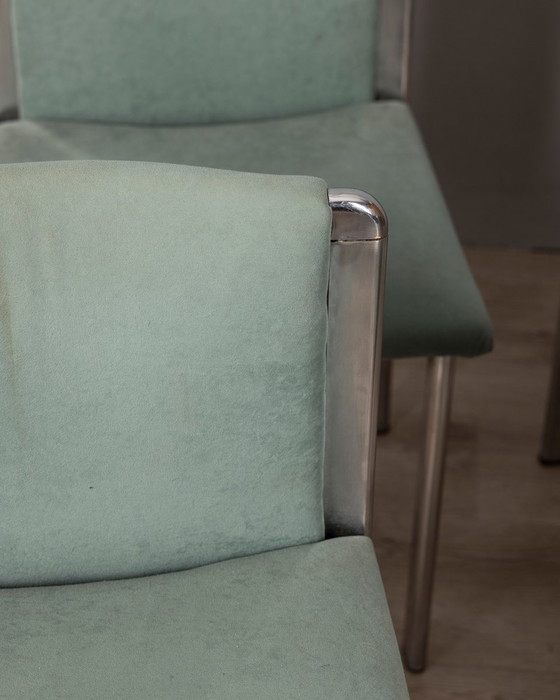 Image 1 of Set van 4 Vintage 70S Stoelen In Metaal En Turquoise Stof Italiaans Ontwerp