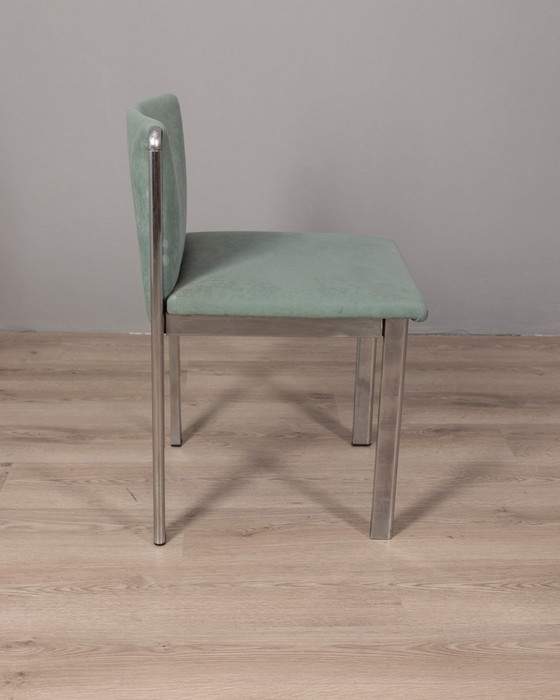 Image 1 of Set van 4 Vintage 70S Stoelen In Metaal En Turquoise Stof Italiaans Ontwerp