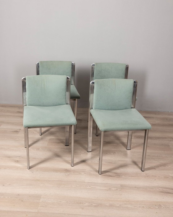 Image 1 of Set van 4 Vintage 70S Stoelen In Metaal En Turquoise Stof Italiaans Ontwerp