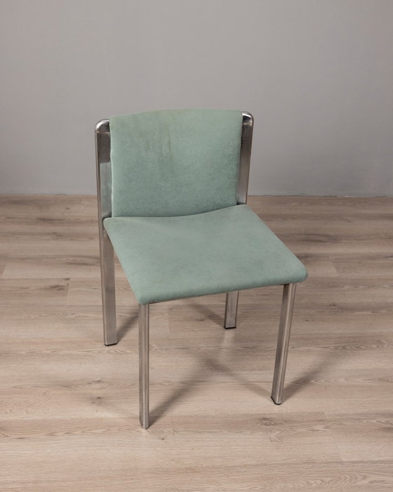 Image 1 of Set van 4 Vintage 70S Stoelen In Metaal En Turquoise Stof Italiaans Ontwerp