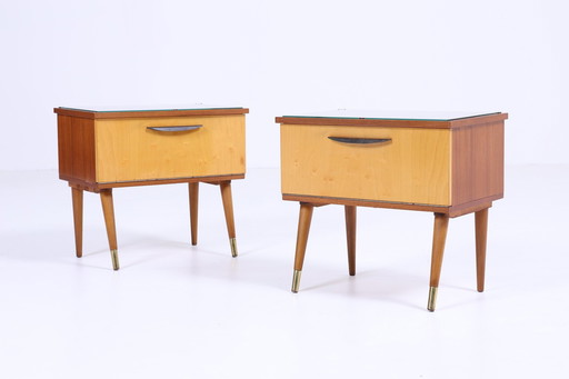 Retro nachtkastjes uit de jaren 60 | Mid Century Retro Mini ladekastje met klep en glazen legplank Vintage | Stijlvol jaren 70