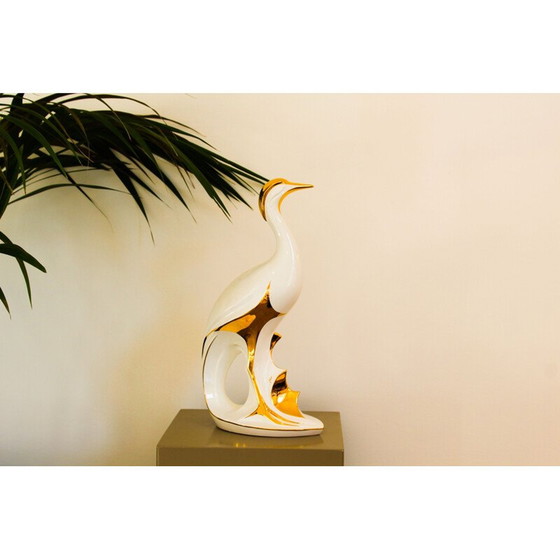 Image 1 of Vintage reiger in wit en goud gelakt bassano keramiek van Ahury, Italië 1970