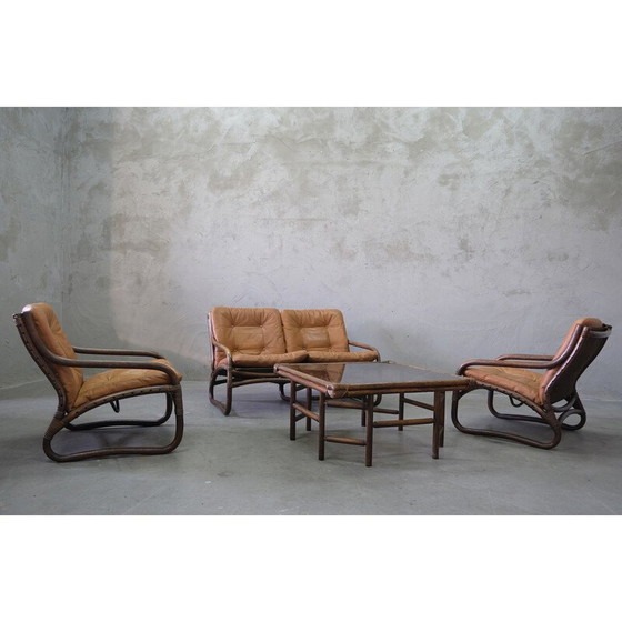 Image 1 of Vintage rotan en leren woonkamer set, Italië 1970