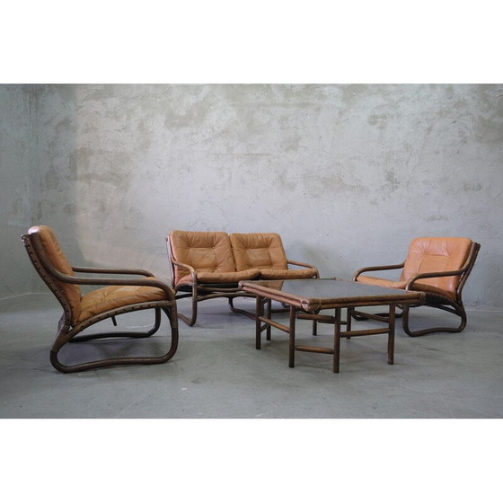 Image 1 of Vintage rotan en leren woonkamer set, Italië 1970