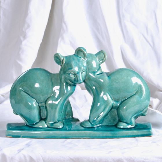 Image 1 of Gebarsten Keramiek Art Deco Teddybeer Gesigneerd Lv Ceram