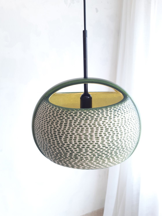 Image 1 of Groene Keramieken Aardewerken Vintage Hanglamp, West Germany Fat Lava Stijl, Keramiek, Aardewerk