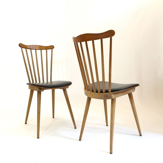 Image 1 of Paar vintage beuken en zwart kunstlederen "Menuet" stoelen van Baumann, 1960