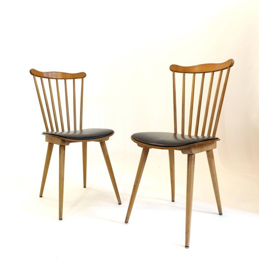 Paar vintage beuken en zwart kunstlederen "Menuet" stoelen van Baumann, 1960