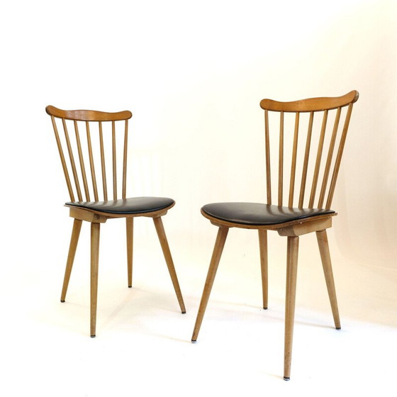 Image 1 of Paar vintage beuken en zwart kunstlederen "Menuet" stoelen van Baumann, 1960