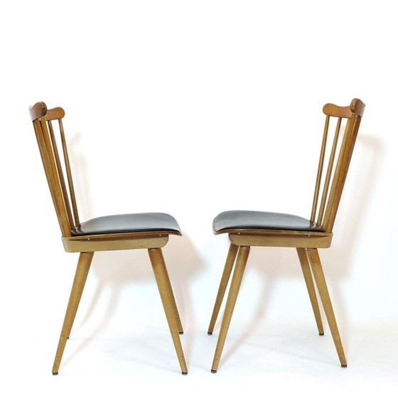 Image 1 of Paar vintage beuken en zwart kunstlederen "Menuet" stoelen van Baumann, 1960