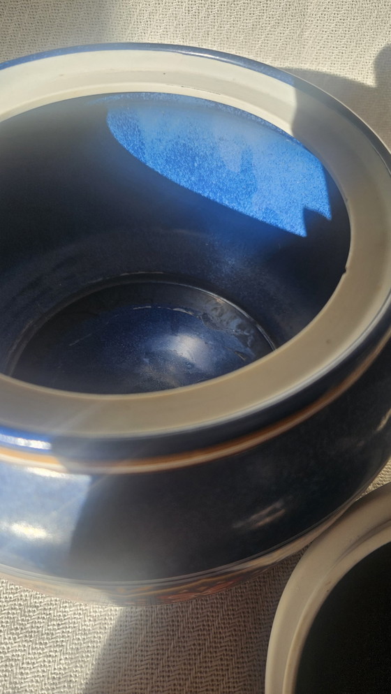 Image 1 of Prachtige Keramiek Retro Pan Blauw Met Bloemmotief Oranje