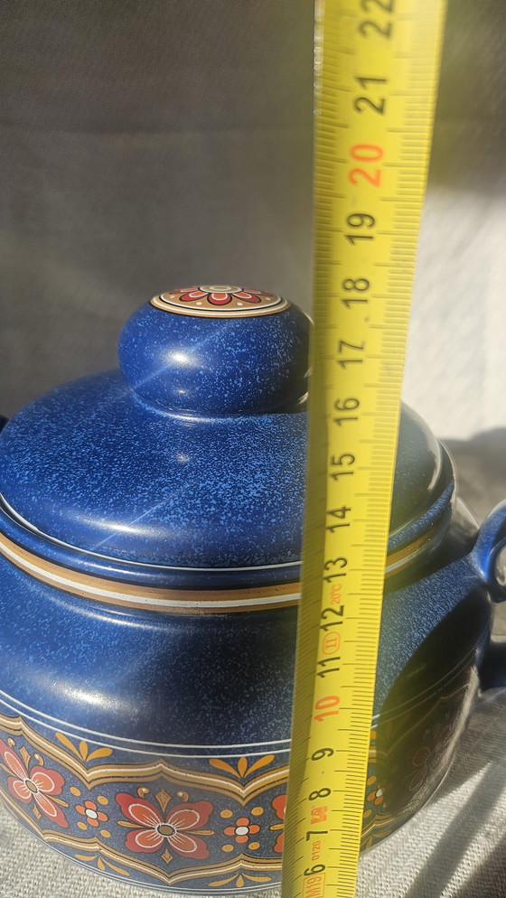 Image 1 of Prachtige Keramiek Retro Pan Blauw Met Bloemmotief Oranje