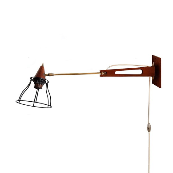 Image 1 of Mid Century Teak & Messing Zwenkarm Wandlamp