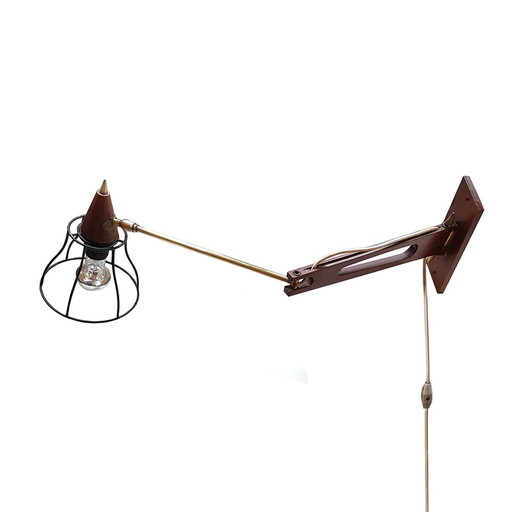 Mid Century Teak & Messing Zwenkarm Wandlamp