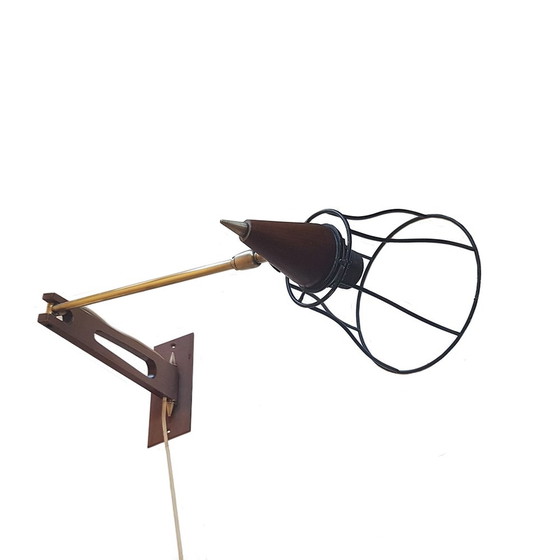 Image 1 of Mid Century Teak & Messing Zwenkarm Wandlamp