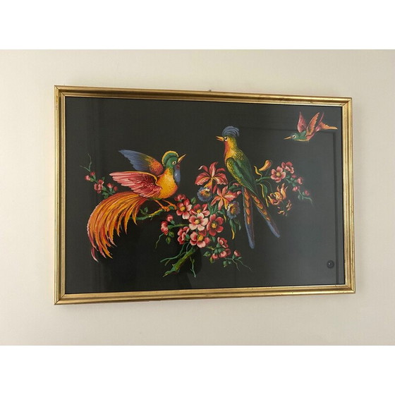 Image 1 of Vintage schilderij versierd met vogels en vergulde houten lijst, 1950