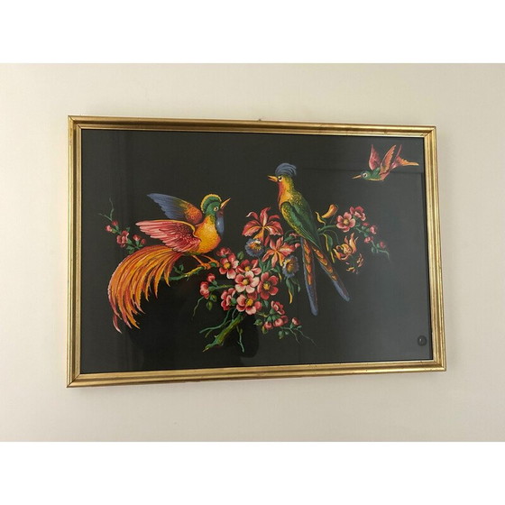Image 1 of Vintage schilderij versierd met vogels en vergulde houten lijst, 1950