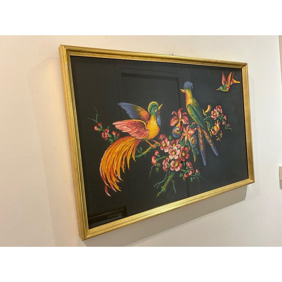 Image 1 of Vintage schilderij versierd met vogels en vergulde houten lijst, 1950