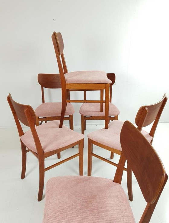 Image 1 of Vintage teak houten stoelen 6 stuks roze rib